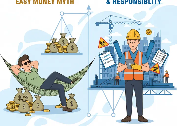 صورة توضح الفرق بين وهم سهولة مهنة HSE وواقع المسؤوليات الكبيرة والضغط في مواقع البناء.