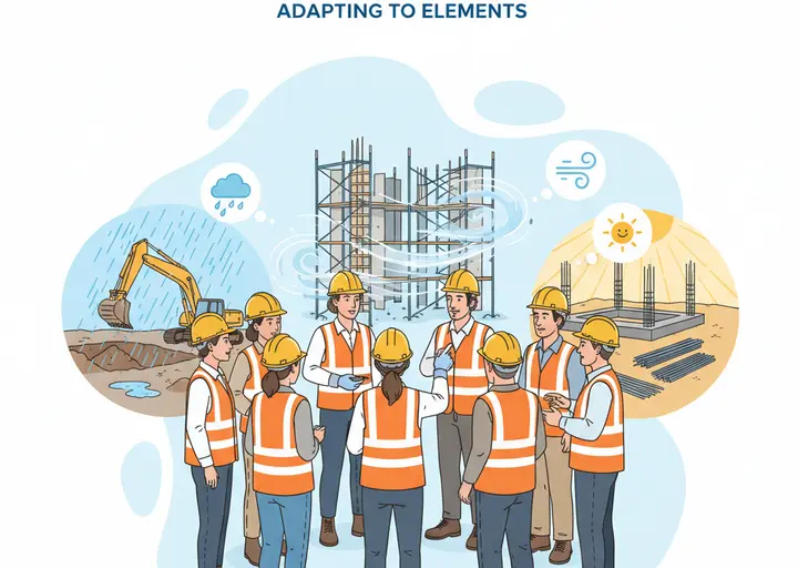 عمال بناء يناقشون السلامة في موقع عمل يتأثر بظروف الطقس المتغيرة خلال اجتماع تول بوكس توك.